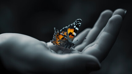  a close up of a person's hand with a butterfly on the palm of a person's hand.