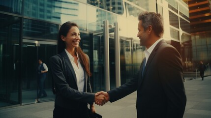 A businesswoman giving a firm handshake in front of a corporate building entrance