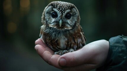  a small owl sitting on the palm of a person's hand in front of a blurry forest background.