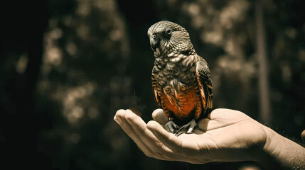  a close up of a person holding a bird in their hand with a blurry background of trees in the background.