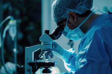 Surgeon performing surgery with microscope - obrazy, fototapety, plakaty