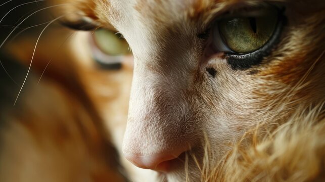  a close up of a cat's face with a blurry image of the cat's face in the background.