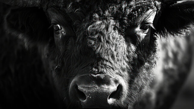  a black and white photo of a cow looking at the camera with a sad look on its face and nose.