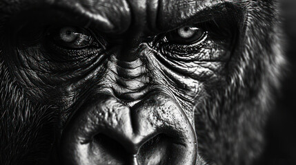  a close up of a gorilla's face with a black and white photo of it's upper half.