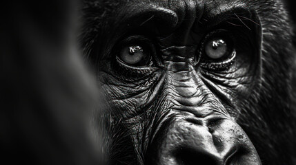  a close up of a monkey's face with a black and white photo of the gorilla's face.