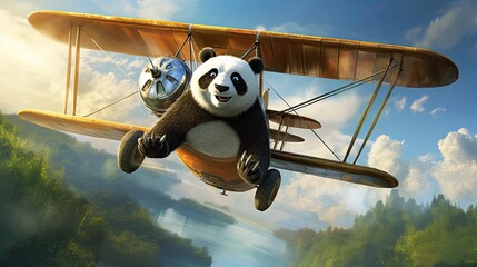 A panda pilot flying a bamboo biplane with precision and skill.