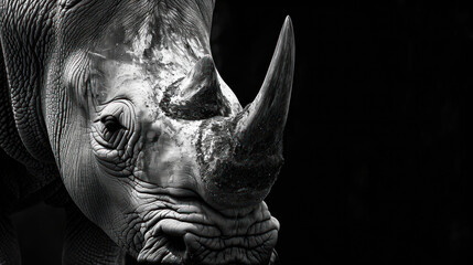  a black and white photo of a rhino's face with a bit of paint on it's nose.