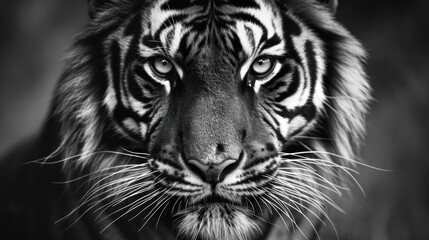  a close up of a tiger's face in a black and white photo with a blurry back ground.