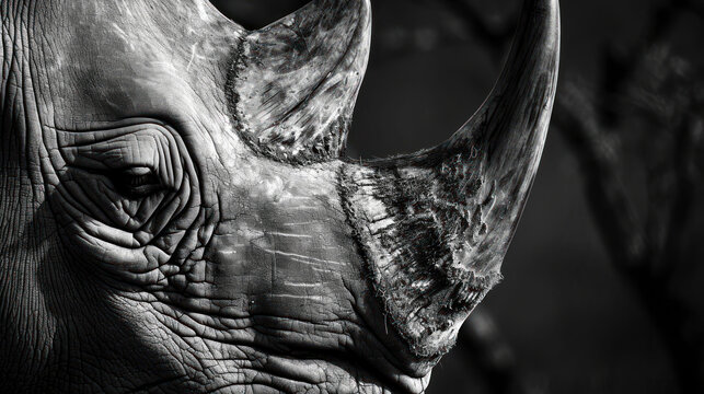  a black and white photo of a rhino's face with a tree in the back ground and branches in the background.