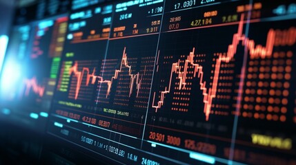 A close-up of a stock market trading screen with graphs and numbers reflecting market trends