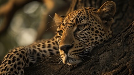  a close - up of a leopard resting in a tree with its head resting on the branch of a tree.