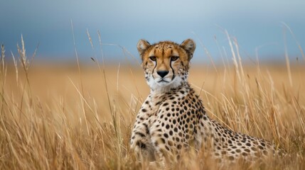 Obraz premium a cheetah sitting in the middle of a field of tall grass with a blue sky in the background.