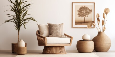 Stylish home staging with Japandi theme, featuring modern living room decor including brown mock up poster frame, retro commode, chair, rattan basket with palm plant, and elegant accessories. Template