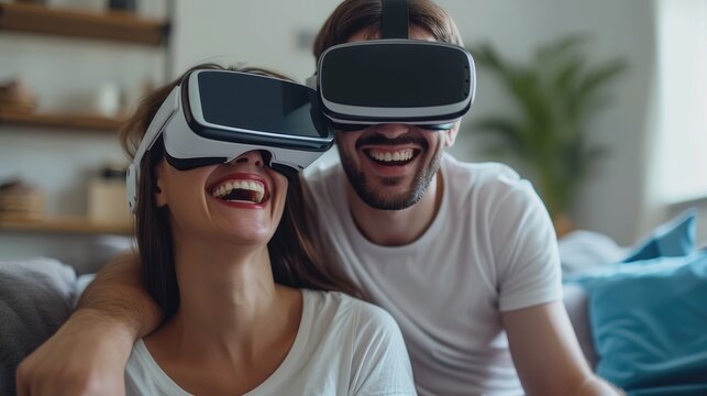 Couple using VR glasses on couch sofa in the domestic house