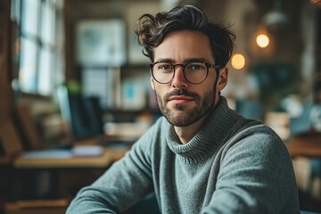 Obraz premium Portrait of a handsome adult man wearing glasses working indoors looking at the camera