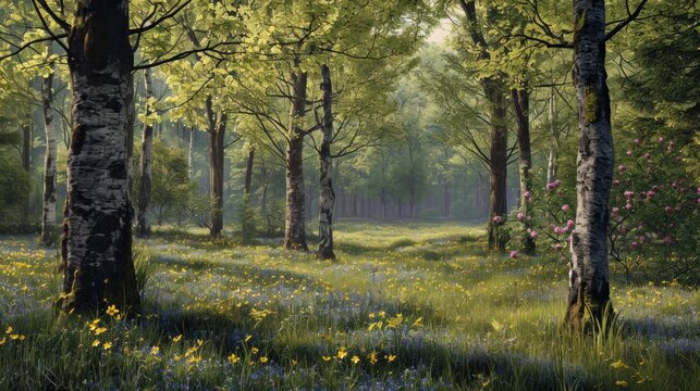  a painting of a forest with bluebells and wildflowers in the foreground and trees in the background.