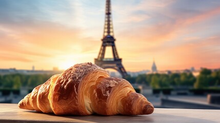 Food photo of a croissant with the Eiffel Tower in the background