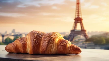 Fotobehang Food photo of a croissant with the Eiffel Tower in the background © Galib