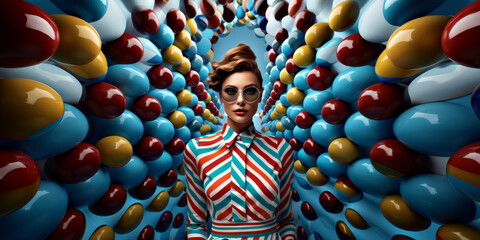 fashion cover, brunet model in colorful outfit in fashion sunglasses on abstract colorful background - Powered by Adobe