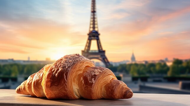 Food photo of a croissant with the Eiffel Tower in the background
