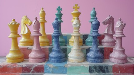 Pastel Chess Pieces on Paper Stairs Generative AI