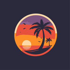 Logo design with sunset over the beach art icons 3 color