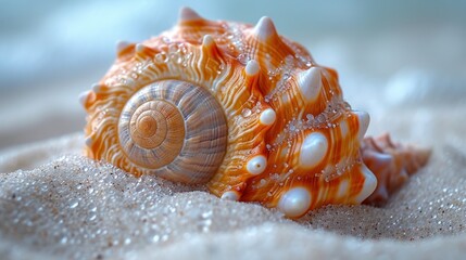  a close up of a sea shell on a sandy beach with water droplets on the shell and a small amount of sand around it.