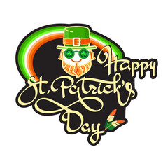 Happy Saint Patricks Day. Hand-drawn lettering. Festive composition with cute leprechaun, and rainbow. Spring holiday March 17 Saint Patrick. Vector illustration. Sticker.