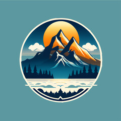 Logo design with mountain trees sunset and river line art icons 3 color