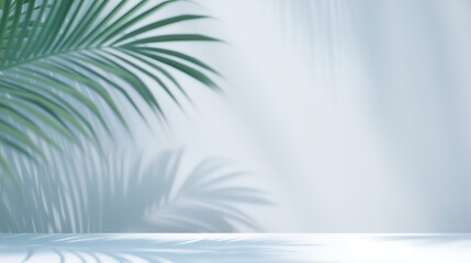 Fototapeta na wymiar Minimalistic light background with Green Palm Leaves with Light and Shadow Effects. Beautiful background for Minimalist Tropical Plant Composition with White and Blue Tones 