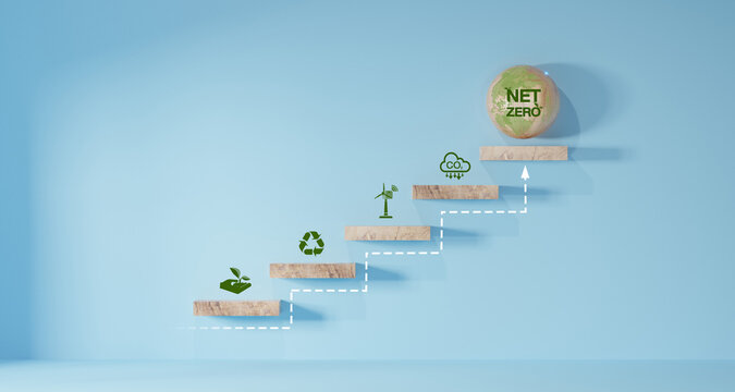 2050 year, Net zero and carbon neutral concept. CO2 reducing icon print screen on wooden and world map for decrease CO2.  Net zero greenhouse gas emissions target.