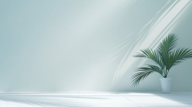 Minimalistic light background with Green Palm Leaves with Light and Shadow Effects. Beautiful background for Minimalist Tropical Plant Composition. Virtual Meetings, Zoom Virtual Backgrounds 