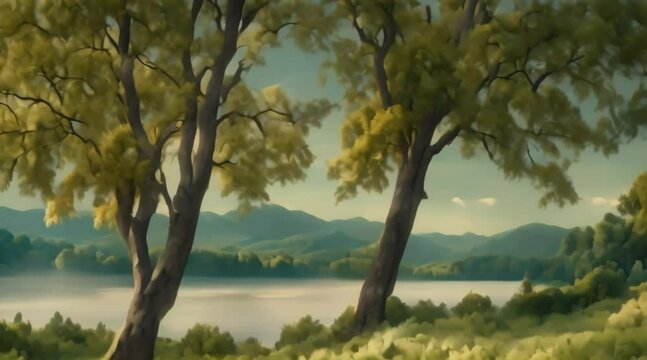 A painting of a landscape with trees. Generative AI.