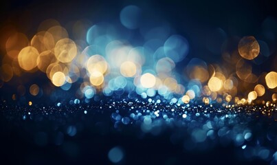 blue and gold bokeh, gold and silver, depth of field, defocus, haze, golden lights, blue and gold background, luxury feeling, blue night lights, dark background, Generative AI  - obrazy, fototapety, plakaty