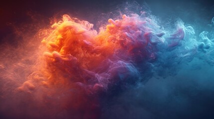  a colorful cloud of smoke in the shape of a heart on a blue, red, and orange smoke background.