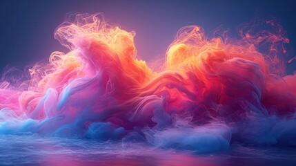  a mixture of colored smoke floating in the air on top of a blue and red liquid filled body of water.