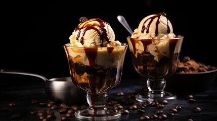 Affogato coffee with ice cream on dark background