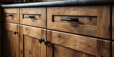 Vintage-style black handles on wooden kitchen cabinets.
