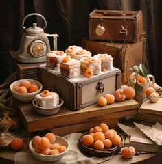  a wooden table topped with a trunk filled with oranges next to a bowl of oranges and a tea kettle.