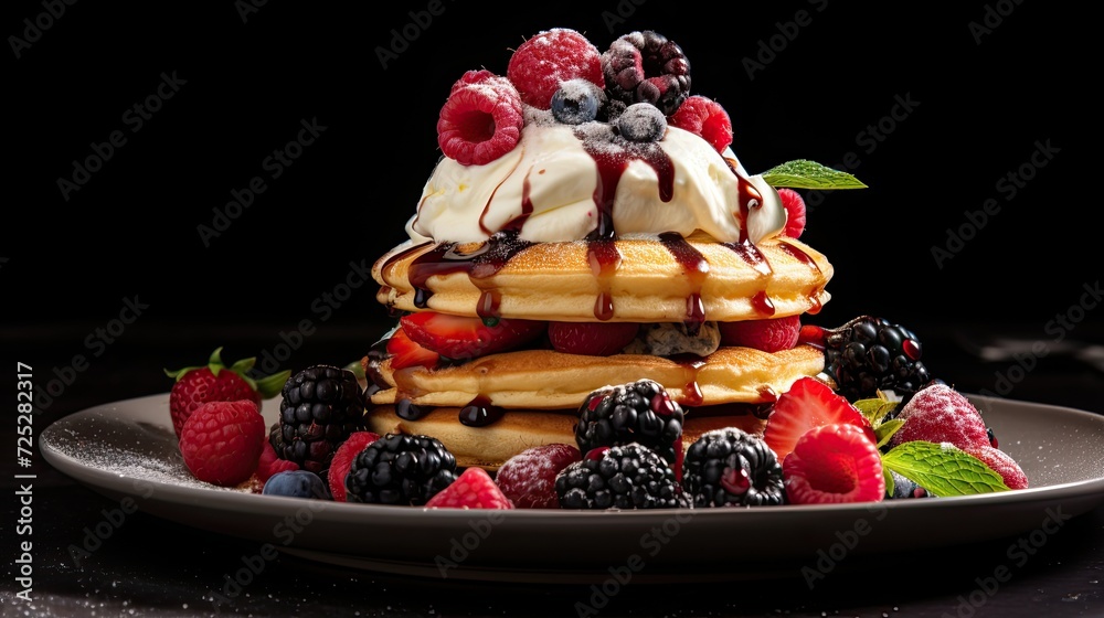 Wall mural Pancake tower with ice-cream and berries