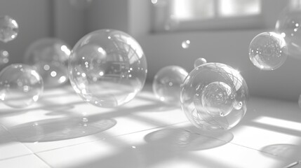 Fototapeta na wymiar a group of soap bubbles floating on top of a white tile floor in front of a window with a window sill in the background.