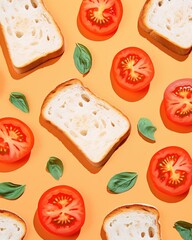  slices of bread, tomatoes, and basil on a yellow background with slices of bread and tomatoes on a yellow background.
