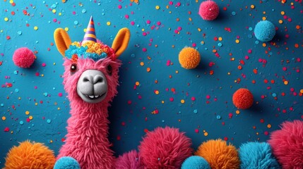  a llama with a party hat standing in front of a backdrop of pom - poms and balls.