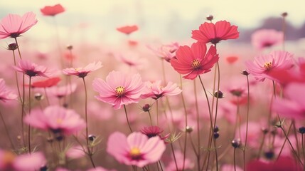 Pink and red cosmos flowers garden,Blurry to soft focus and retro film look new color intrend tone,generative ai