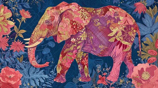  a painting of an elephant in a field of flowers on a blue background with pink, yellow, and red colors.