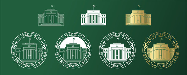 Set with logo Federal reserve building. FED, Economic policy, credit regulation, interest rate. Global market, macro economy. Developed capitalism. Vector illustration.