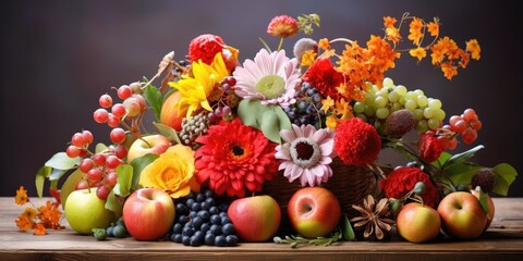 Obraz na płótnie Canvas Colorful autumnal flower arrangement with fruits on wooden table.
