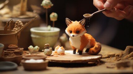A fox baker crafting tiny pastries with meticulous care.