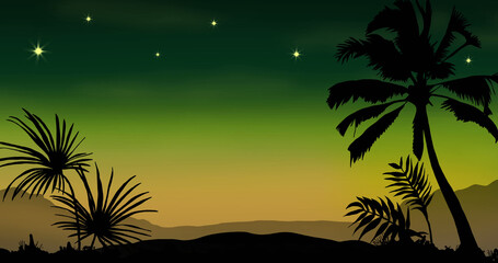 Fototapeta premium Palm trees silhouette against a sunset and starry sky, capturing a tranquil tropical vibe.