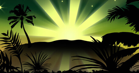 Obraz premium The image captures a tranquil tropical sunset with palm trees, offering a peaceful scene.